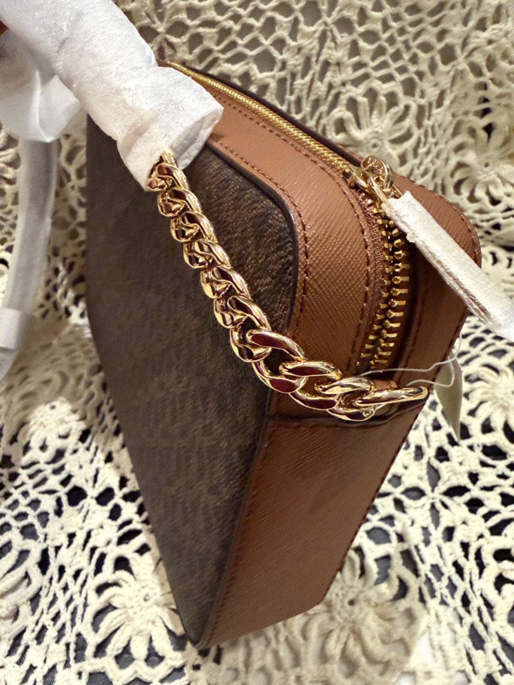 Michael Kors Brown MK Signature Crossbody Bag with Gold Logo - Picture 3 of 6